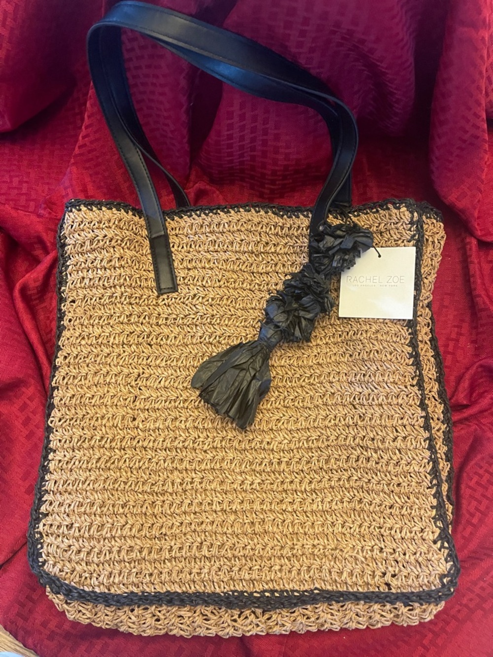 Rachel Zoe Tan Woven Tote Bag with Black Trim NWT - Picture 1 of 3